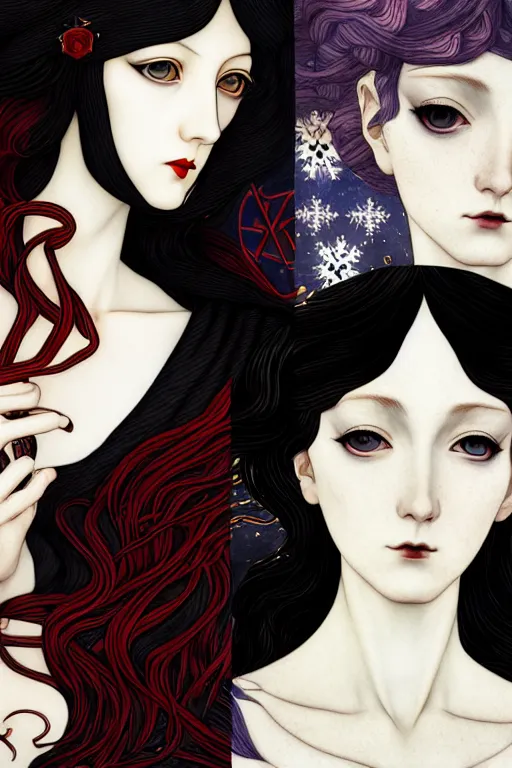 Image similar to a triad of winter muses, style blending æon flux, shepard fairey, botticelli, ivan bilibin, and john singer sargent, inspired by pre - raphaelites, shoujo manga, and harajuku fashion, stark landscape, muted dark colors, superfine inklines, ethereal, otherworldly, 4 k photorealistic, arnold render