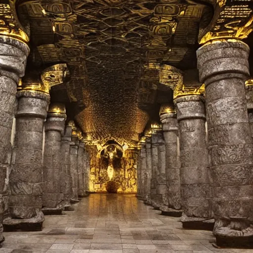 Prompt: The Great Hall of a Dwarven underground city with gigantic pillars, sconces, intricate details, stone carvings, epic, grandiose, awe inspiring, the mines of Moria, dwarven architecture, inlaid with gold W- 1024