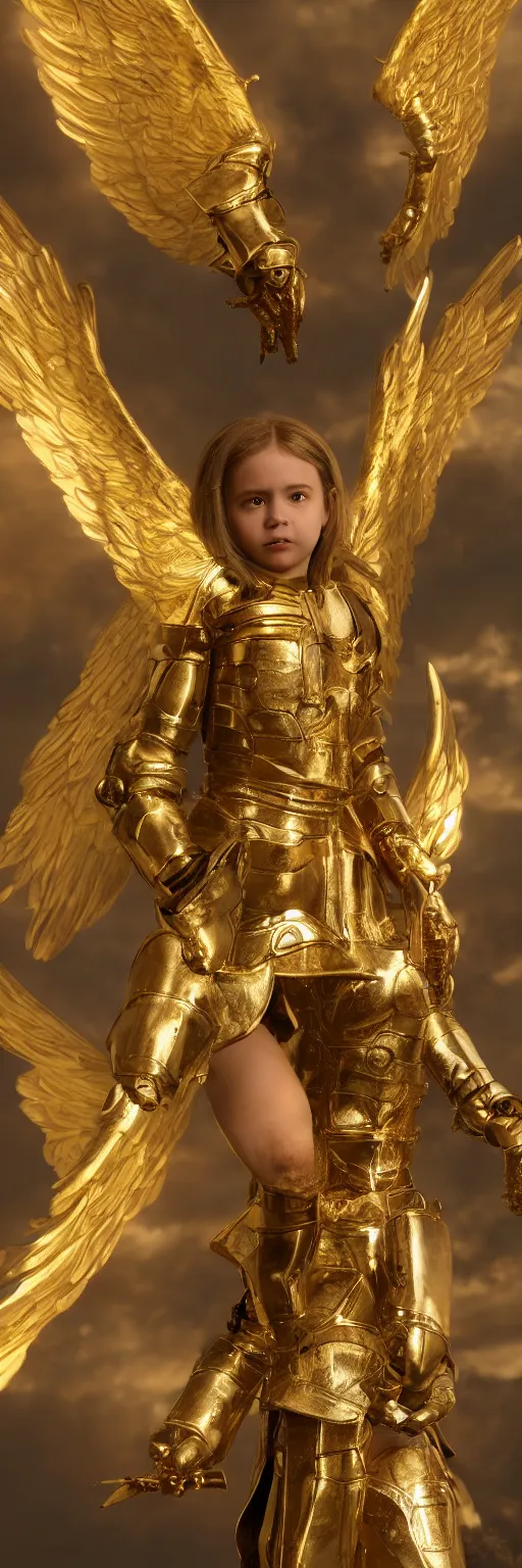 Image similar to a full length single young girl wearing a gold armor fighting angels in the sky, extremely realistic and highly detailed 8 k, sharp focus, octane render, dramatic volumetric lighting and extremely realistic faces