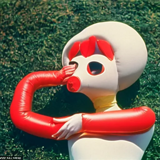 Prompt: glamorous woman with an inflatable nose, long snout, in the hillside, 1974 arthouse film, archival footage, technicolor film