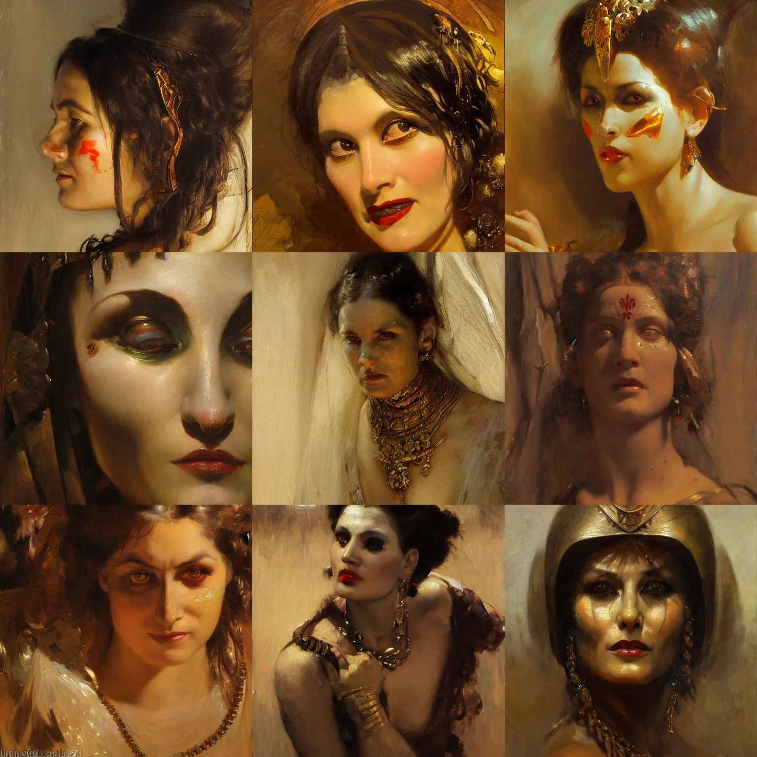 Prompt: creepy beautiful woman evil orientalism face detail by theodore ralli and nasreddine dinet and anders zorn and edwin longsden long, bronze age, sword and sorcery, oil on canvas, masterful intricate artwork, excellent lighting, high detail 8 k