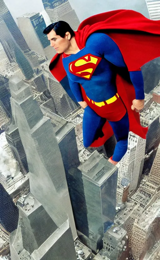 Image similar to superman flying into the twin towers on 9 / 1 1