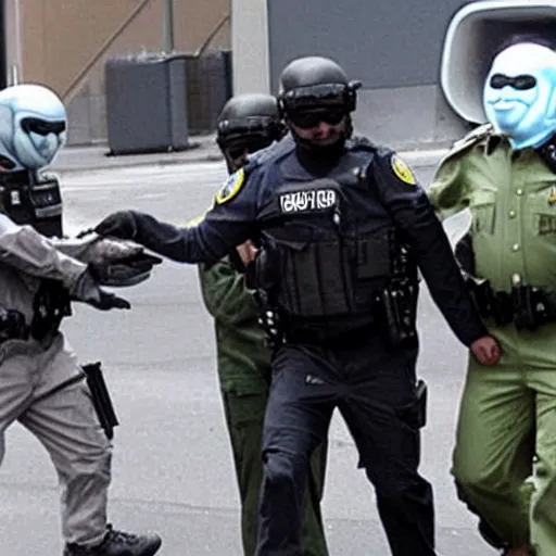 Prompt: extraterrestrial grey alien, being arrested by special forces