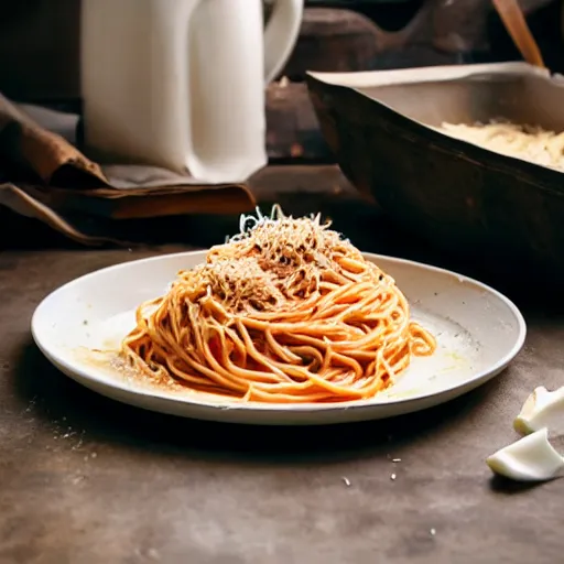 Prompt: a plate of spaghetti that is filled with whole garlic cloves, cookbook photo