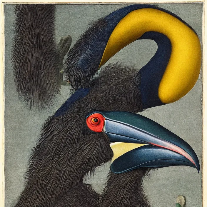 Image similar to close up portrait of a mutant monster creature with exotic toucan beak, twenty arachnid eyes, fair skin tone. by jan van eyck, walton ford