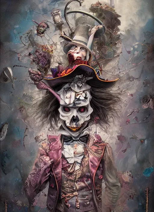 Image similar to alice in wonderland mad hatter the magician tarot card, highly detailed, half skull face, cinematic, 8 k, by stanley artgermm, tom bagshaw, greg rutkowski, carne griffiths, ayami kojima, beksinski, giger, trending on deviantart, hyper detailed, horror, full of colour