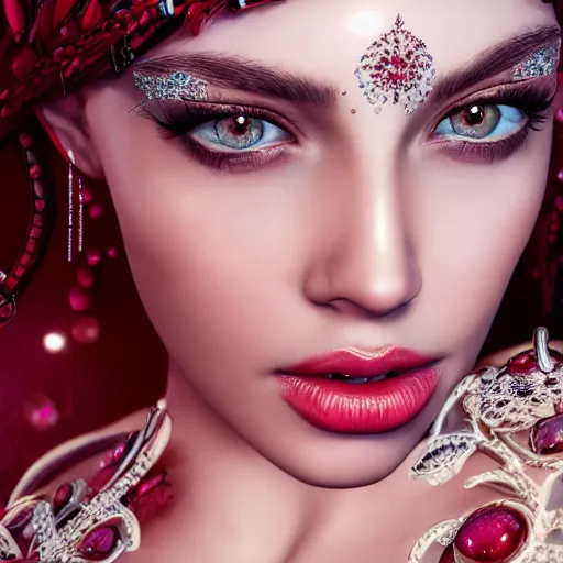 Image similar to wonderful princess with smooth fair skin, alluring eyes, red jewelry, breathtaking, elegant, intricate, hyper detailed, accent lighting, 4 k glamour photography, octane render