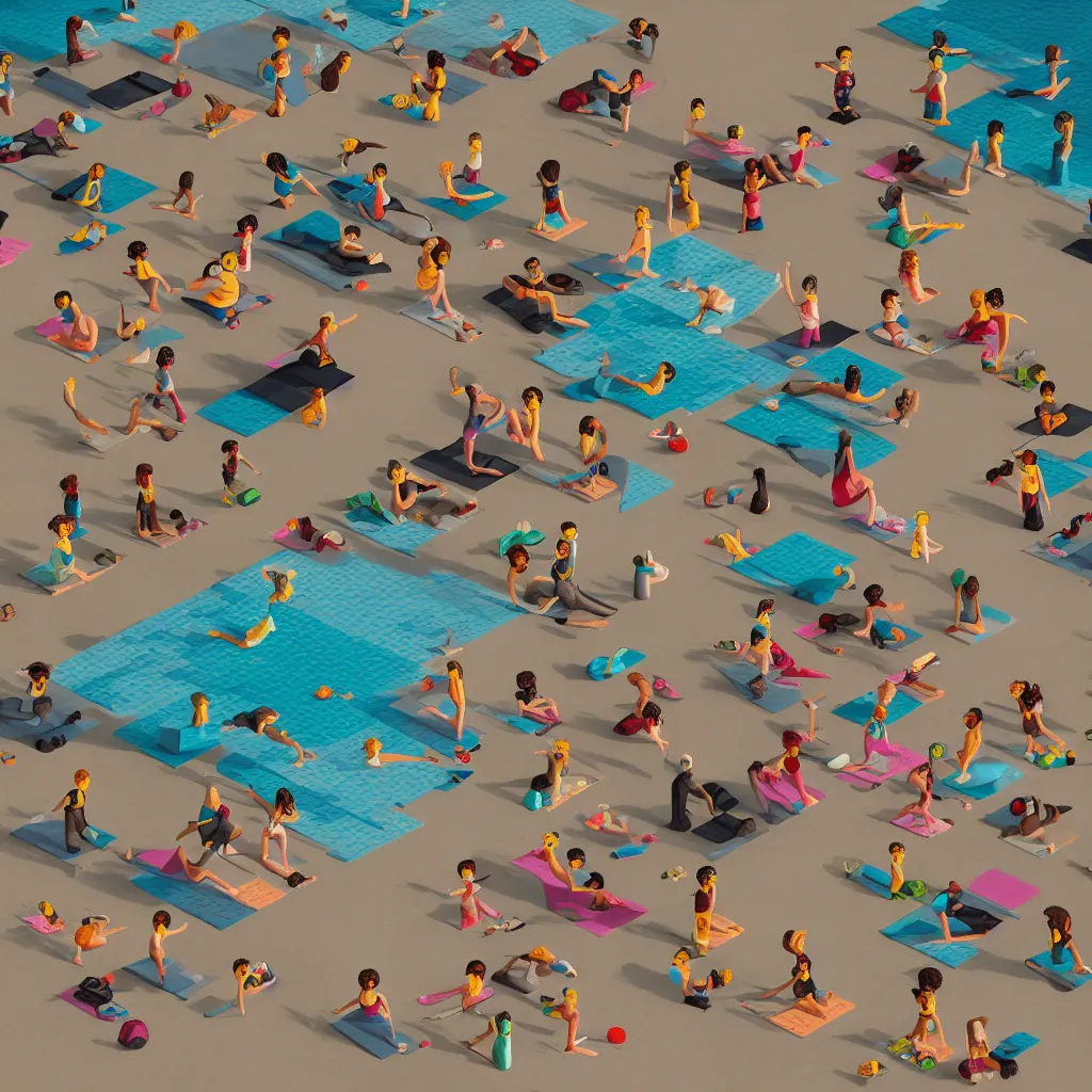Prompt: lego people doing yoga on beach, hyper details, cartoon, hyperrealistic intricate details, by Peter Mohrbacher, trending on artstation, 8k