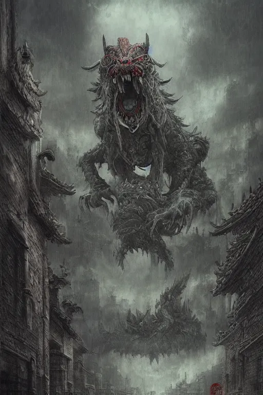 Image similar to oimmortal beast from chinese mythology, deamland of concept art, fall of the ancien regime, medieval cityscape with darker skies and fires, ghibli, photorealistic, digital studio art, beksinski