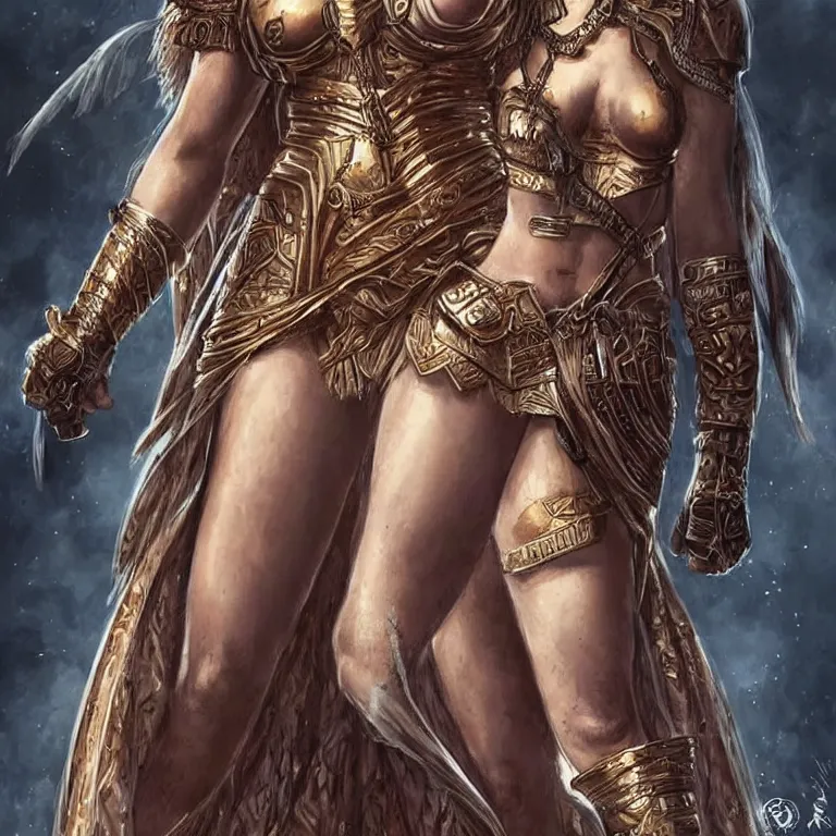 Image similar to scarlett johannson as an amazon warrior, a tall beautiful woman with brown skin and long hair, dressed in hellenistic body armor, intricate, elegant, highly detailed, smooth, sharp focus, detailed face, art by ardian syaf