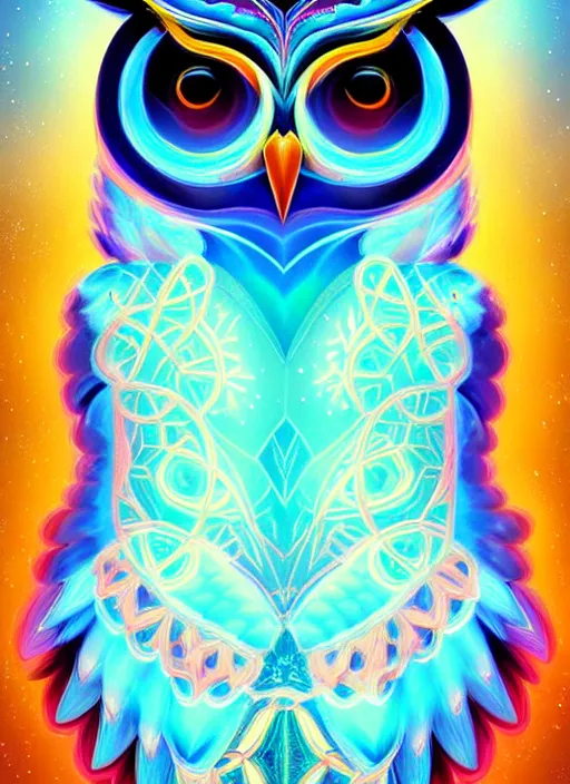 Image similar to symmetry!! product render poster vivid colors divine proportion owl, ice and snow, glowing fog intricate, elegant, highly detailed, digital painting, artstation, concept art, smooth, sharp focus, illustration,