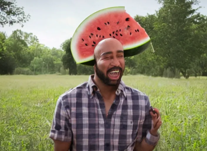 Prompt: film still of a man with a watermelon on his a head in the new comedy movie, 4 k