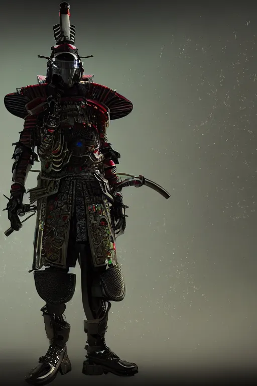Image similar to magical realism cyberpunk samurai warrior, helmet, armour, ultradetailed, volumetric lighting, 4k UHD.