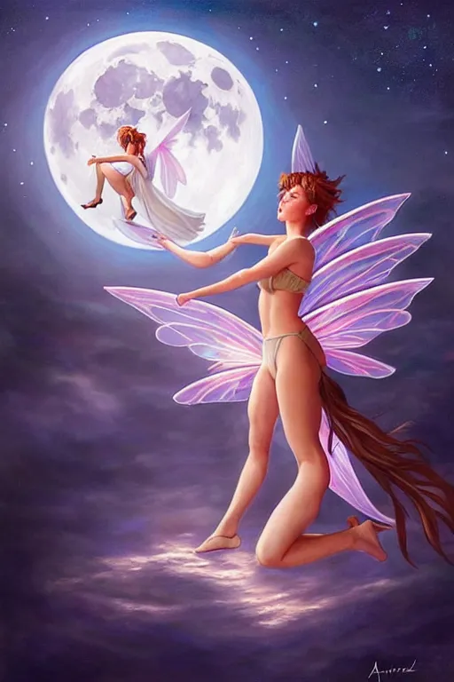 Image similar to attractive fairy magically floating high in the night, fantasy, full moon in background. highly detailed painting by artgerm, mid shot, 8 k