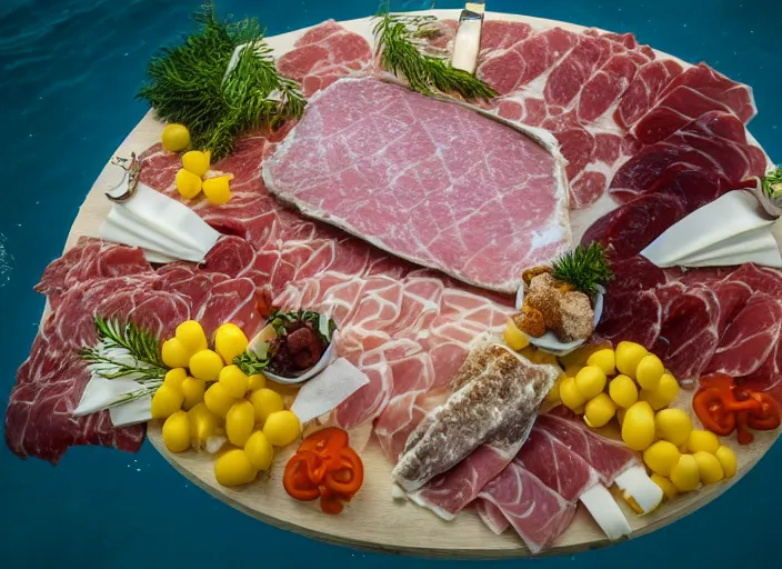 Image similar to underwater photo still of a great white shark looking at a charcuterie platter, 8 k