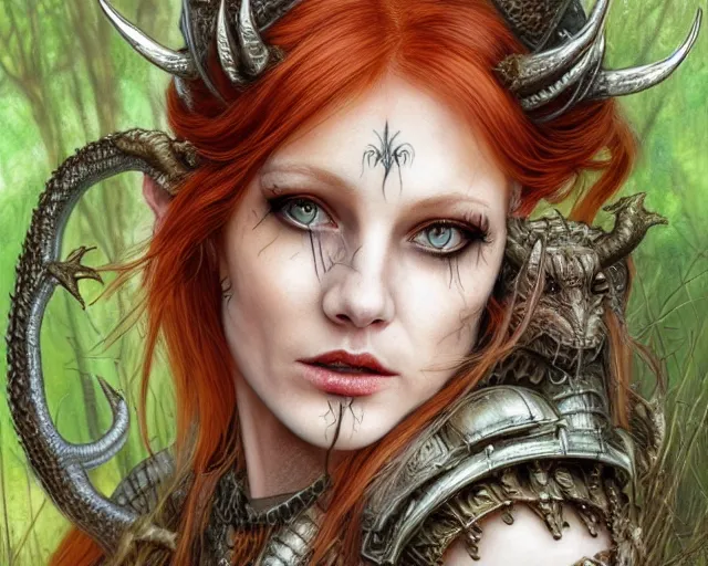 Image similar to 5 5 mm portrait photo of an armored gorgeous anesthetic redhead woman warrior with a face tattoo and horns growing from her head, and small dragon sitting on her shoulder in a magical forest in the style of stefan kostic, art by luis royo. highly detailed 8 k. intricate. lifelike. soft light. nikon d 8 5 0. cinematic post - processing