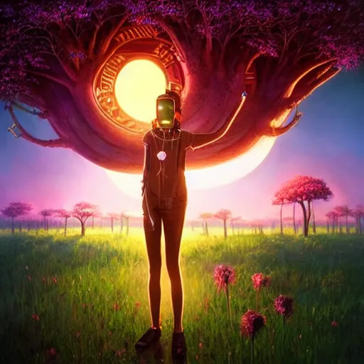 Prompt: an african cyberpunk hacker girl with her headset plugged into a giant glowing baobab tree in the middle of a field of flowers at sunset, by greg rutkowski and android jones in a surreal portrait style, oil on canvas, 8k hd, synthwave colors!!