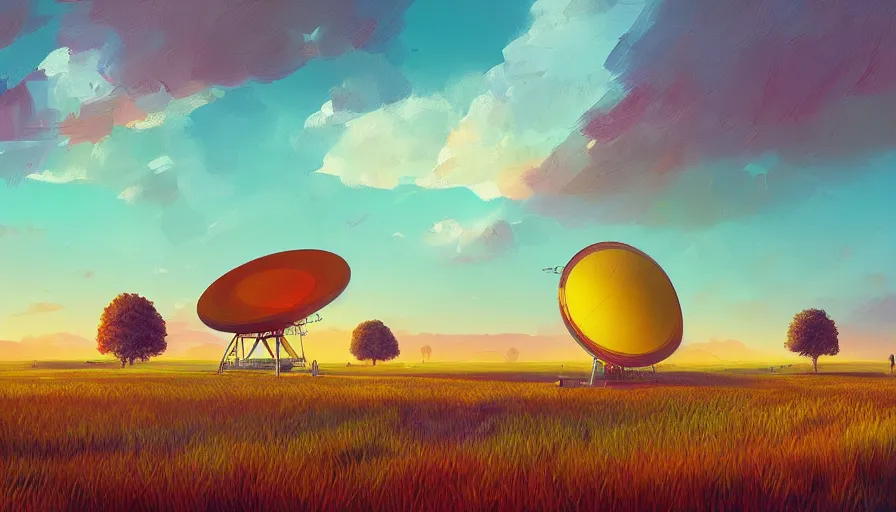 Image similar to sun in the colourful sky, wheat field, radio telescope, big trees, matte painting, art station, digital art, simon stalenhag