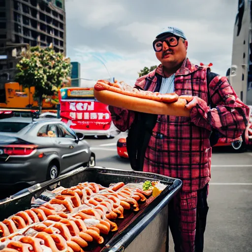 Image similar to weird man selling hotdogs, 🌭, canon eos r 3, f / 1. 4, iso 2 0 0, 1 / 1 6 0 s, 8 k, raw, unedited, symmetrical balance, wide angle