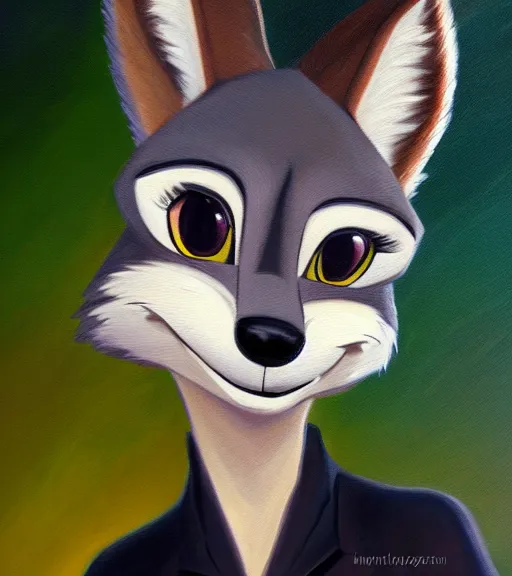 Image similar to oil painting of anthromorphic furry female wolf, in style of zootopia, female fursona, furry, furaffinity, 4 k, deviantart, furry art, fursona art, wearing black business suit, business suit, wolf fursona, expressive feminine face, female,