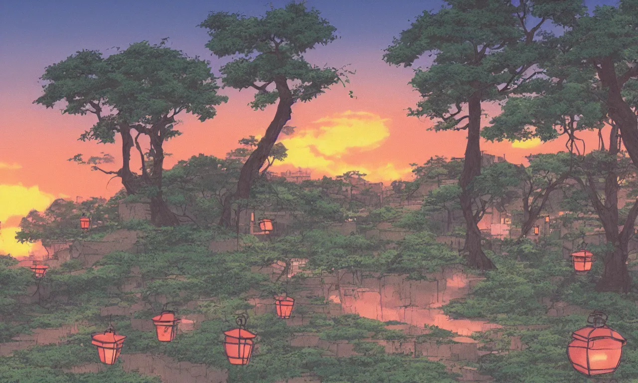 Image similar to An aesthetic still frame from an 90's anime, small countryside landscape, sunset, waterfall, lanterns, Studio Ghibili, cinematic