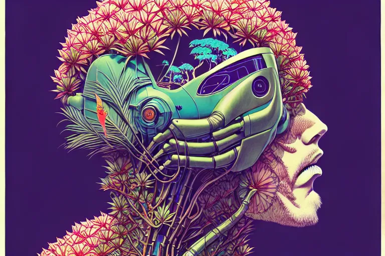 Image similar to gigantic robot head, a lot of exotic vegetation, trees, flowers by moebius, junji ito, tristan eaton, victo ngai, artgerm, rhads, ross draws, hyperrealism, intricate detailed, risograph