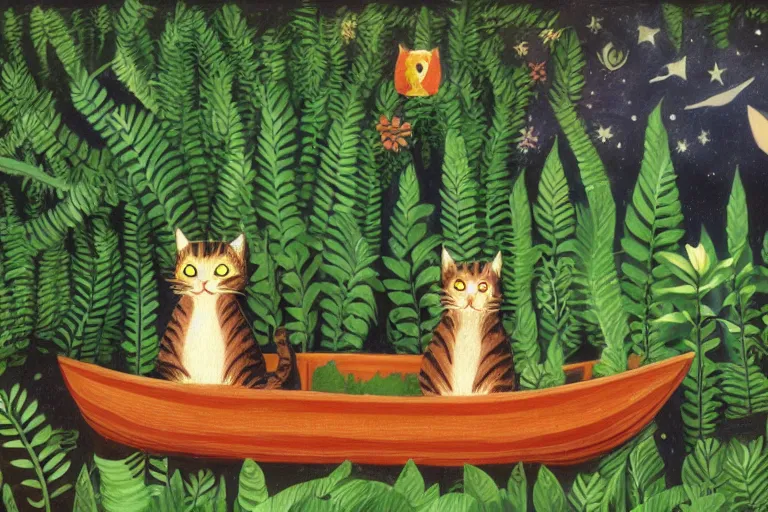 Prompt: cat in a boat, ferns, jungle, night, stars, highly detailed, 3 d, unreal engine render concept art, style of henri rousseau and richard scarry and hiroshi yoshida and etel adnan