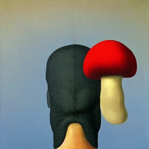 Image similar to surrealist painting of a man with a mushroom for a head, rene magritte, oil on canvas