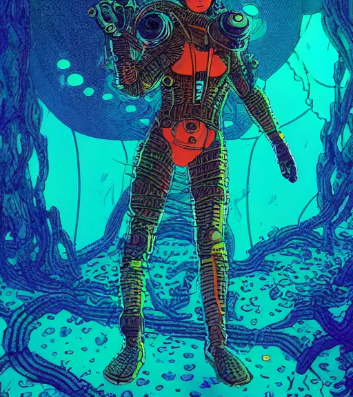 Image similar to a cyberpunk diver Polynesian woman swims through a dark bioluminescent alien coral reef, techwear, Industrial Scifi, detailed illustration, character portrait, by Martin Grip and Moebius