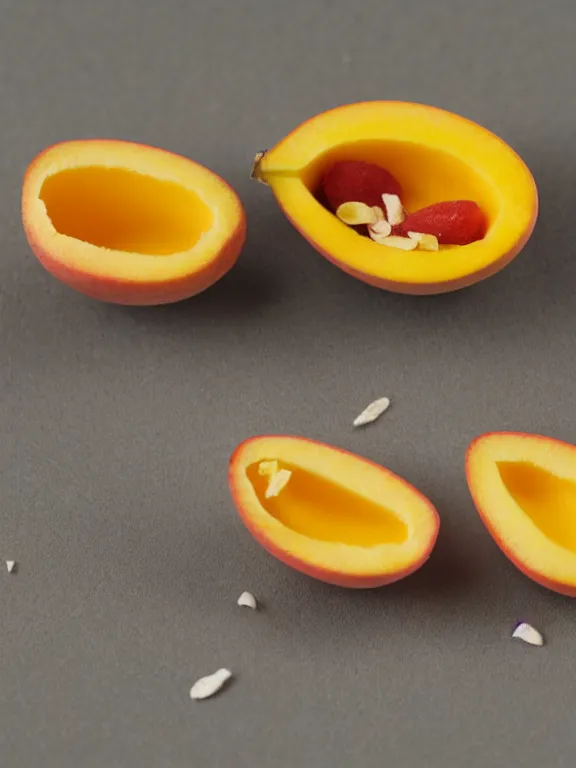 Image similar to miniature diorama of yogurt mango pieces macro