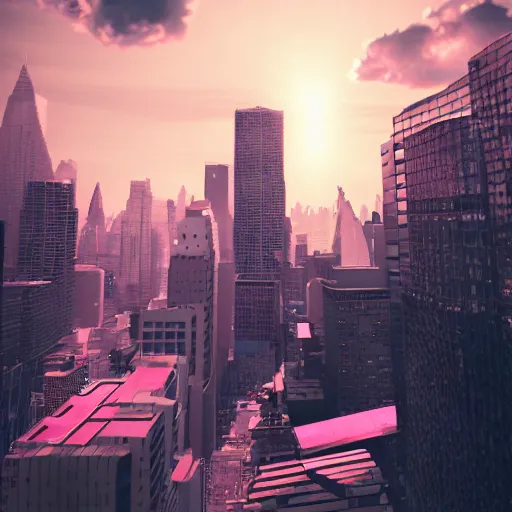 Prompt: a futuristic new york city in shiny crystalline, octane render, clouds : 3, pink sun : 9, in the style of sahm : 2