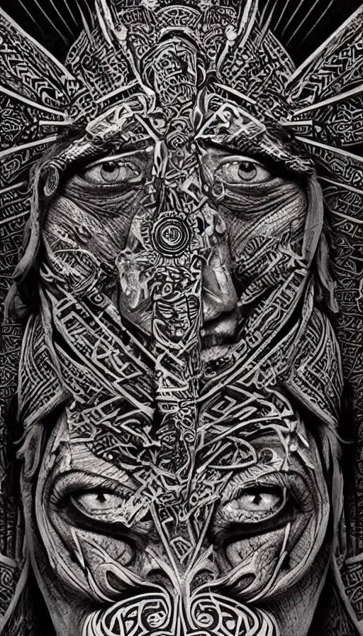 Prompt: ancient aztec fantasy face tattoo pattern concept, teonanacatl glyph, intricate artwork by, Alex Grey, Artgerm, very coherent artwork, cinematic, hyper realism, high detail, octane render, unreal engine, 8k, High contrast, higly detailed black ink outline