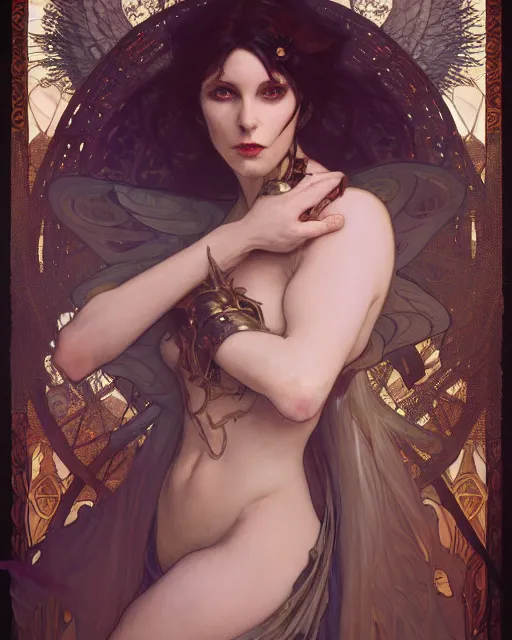 Image similar to wlop, bastien lecouffe deharme, alfons mucha, detailed portrait digital painting of a beautiful serious villainess wearing fantasy clothing like liliana vess, villainess has black angel wings, evil mood, hellish battlefield in the background, embers flying, unreal engine, hyper realism, realistic shading, cinematic composition, blender render, ultrawide shot