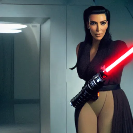 Image similar to kim kardashian holding a lightsaber in star wars episode 3, 8k resolution, full HD, cinematic lighting, award winning, anatomically correct