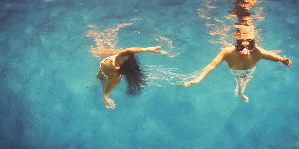 Image similar to wide angle view, looking up, beautiful woman of color swimming in ocean , boat, sun rays ,caustics , 35mm film , cinematic, underwater photography