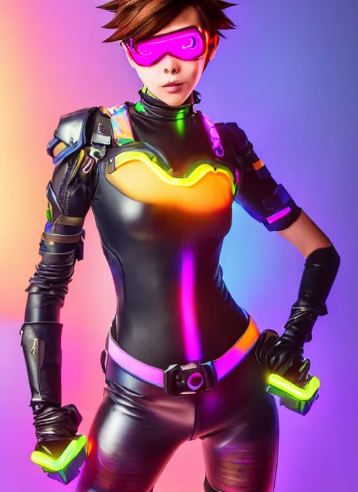 Image similar to full body overwatch style oil painting portrait of tracer overwatch, confident pose, wearing black jagged iridescent rainbow latex armor, rainbow, neon, 4 k, expressive surprised expression, makeup, wearing rainbow neon choker, studio lighting, black leather harness, expressive detailed face and eyes,