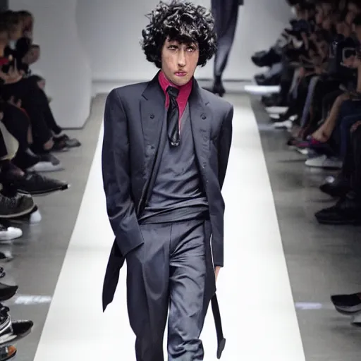 Prompt: Spike Spiegel on the runway modeling avant-garde Yohji Yamamoto clothes