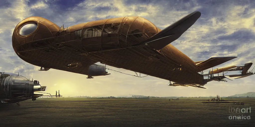 Prompt: Steampunk Air Haven, old school zeppelin, byplanes, landing platform digital Art, sunset lighting