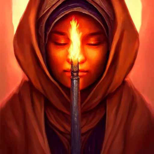 Image similar to ( a priestess with a hood that covers half her face carries an incense burner that emits a pleasantly colored flame. ) by anato finnstark, photorealistic, full body portrait, dynamic lighting, beautiful, trending on artstation, wallpaper, 4 k, award winning, digital art, very detailed faces