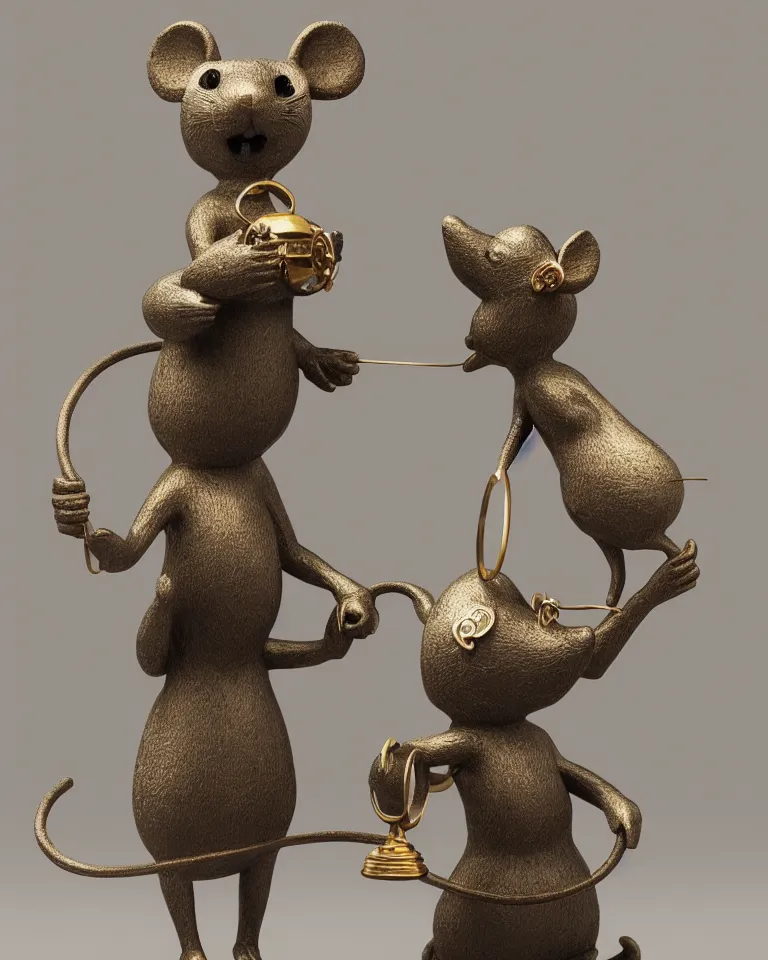 Image similar to a statue of a proud mouse standing on two legs and holding a round bell made with white and gold wire, trending on artstation