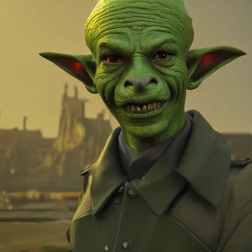 Image similar to medium portrait of a goblin, green skin, high collar, fashionable jacket, ffxiv, final fantasy 1 4 screenshot, octane render, 8 k, fantasy, rule of thirds, sharp focus, greg rutkowski