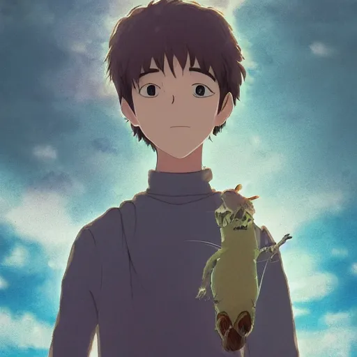 Prompt: friendly guy and small creature , with Fragile looking character portrait face made by Studio Ghibli highly detailed art, beautiful scene, sharp focus, smooth, 8k, anime art, wild, dark, fantasy, peaceful, raining