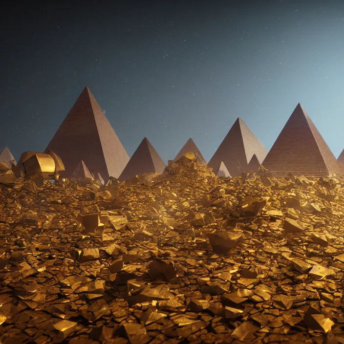 Prompt: a bunch of golden pyramids were thrown on the ground and are laying on dark surface, octane render, bloom effect, unreal engine, sharp focus