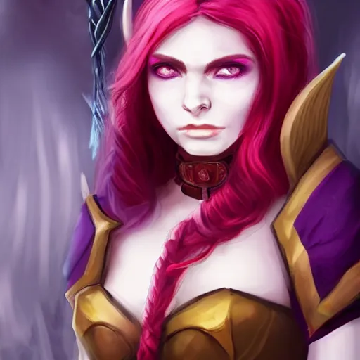 Prompt: a portrait of a cute tiefling girl with a scar along her face, red hair, skin colour purple, horns from her head, yellow eyes, cleric, dnd art, fantasy, digital art, high quality.