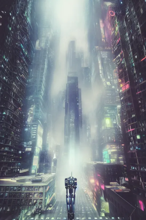 Image similar to the infinite arts of the dream robots taking over new york by mia brownell, very detailed, maximalism, ambient occlusion, volumetric light, atmospheric haze, hyper realism, futuristic but colorful shading, cinematic composition, realistic render, photography, wide shot