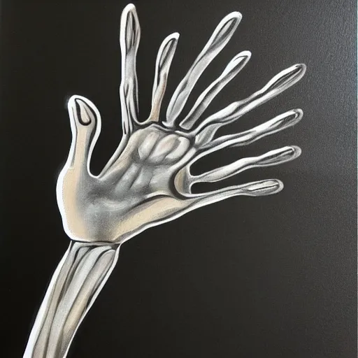 Prompt: chrome plated hand on a black background, desert chrome, airbrush painting