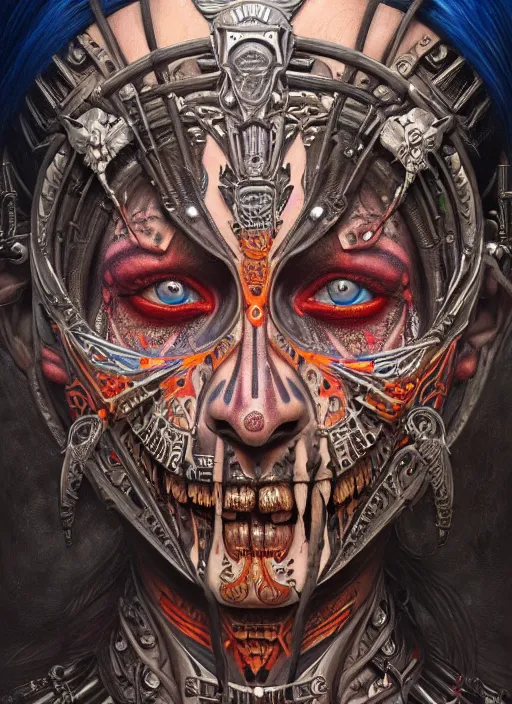 Image similar to hyper detailed masterpiece undead aztec face tattoo warrior by donato giancola and tom bagshaw, face by artgerm and edmund leighton, and h. r. giger, trending on artstation, colorful, psychedelic aesthetic, ornate, background by james jean, 8 k, biomechanical, majestic, volumetric lighting, porcelain skin, concept art, sharp focus