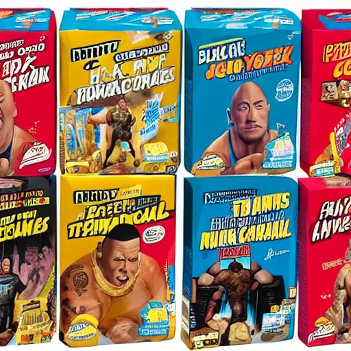 Prompt: dwayne the rock johnson breakfast cereal boxes on store shelf