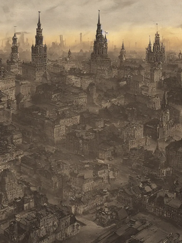 Prompt: a large dieselpunk and steampunk cityscape at dusk in russia during the 1 9 1 0 revolution, kremlin