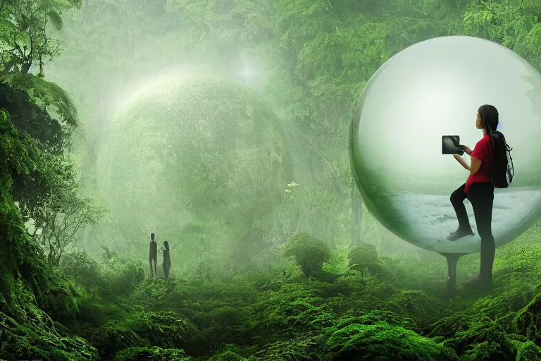 Image similar to a tourist taking a photo of a complex organic fractal 3 d ceramic sphere floating in a lush forest, foggy, cinematic shot, photo still from movie by denis villeneuve